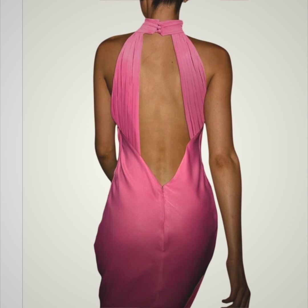 Nwt Meshki Claire Satin Drape Back Maxi Dress Pink Halter Neck Open Back 3xl